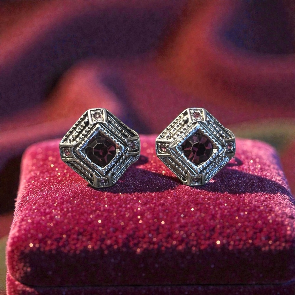 Elegant Silver and Purple Stud Clip on Earrings